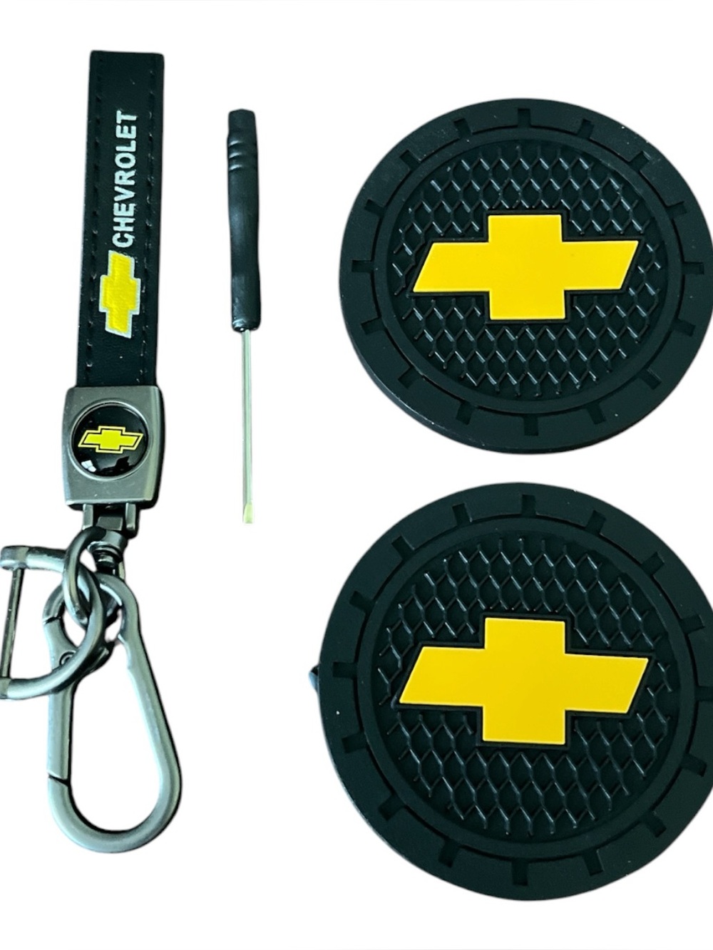 Chevrolet Chevy Black Keychain & Car Coaster (2 pc) Accessories Set